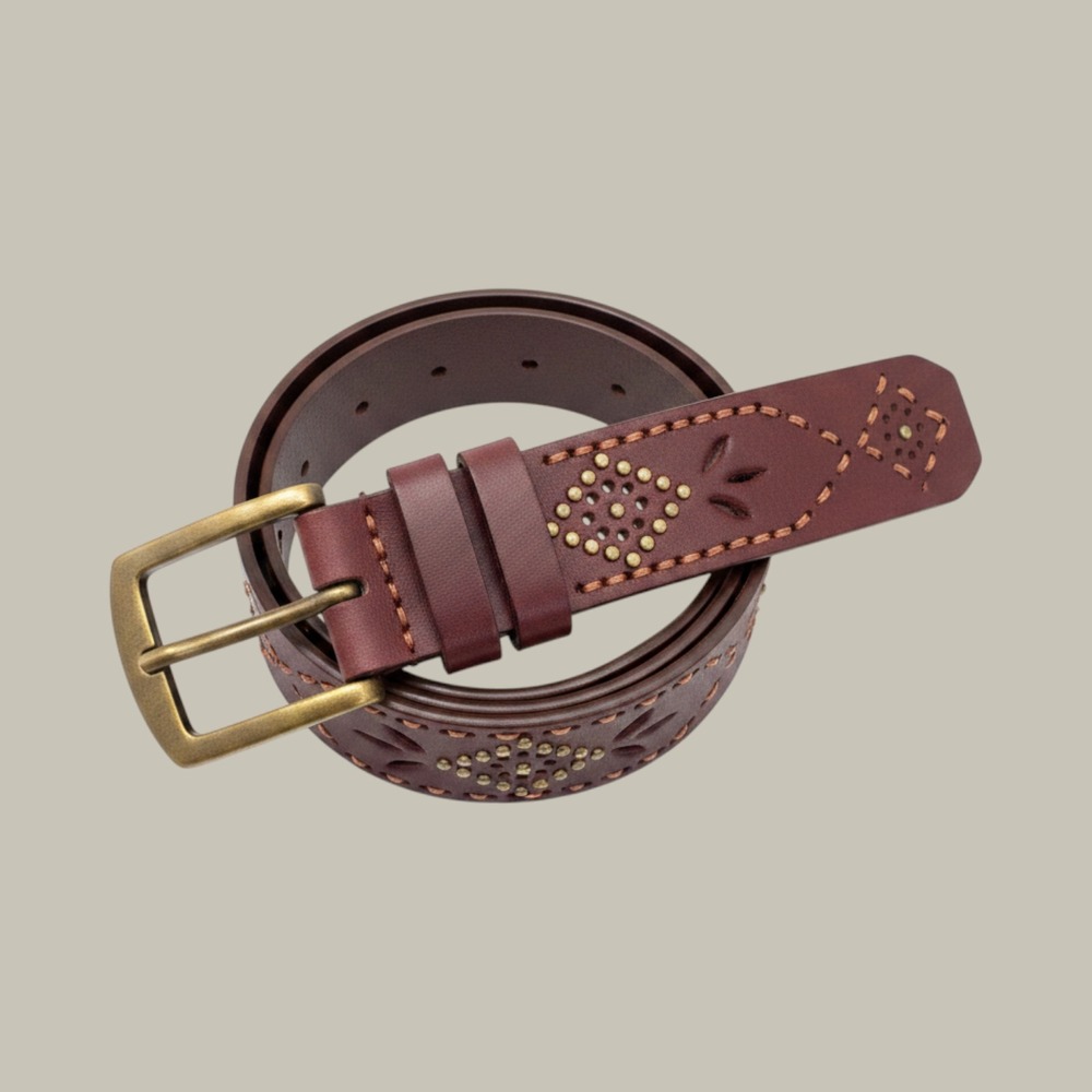 Nine West burgundy leather belt‎ perforations hand-stitched borders brass buckle